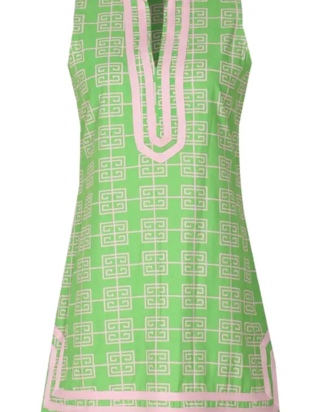 Green Geometric Sleeveless Shift Dress with Pink Trim